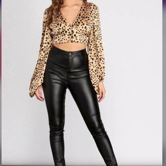 Windsor Cheetah Animal Print Crop Top Blouse S Puff Sleeve Elastic Wrist - Picture 3 of 12